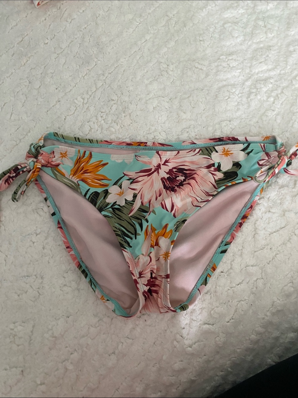 Kona Sol Floral Tie-Side Bikini Bottoms - Mint, Pink & Orange Accents